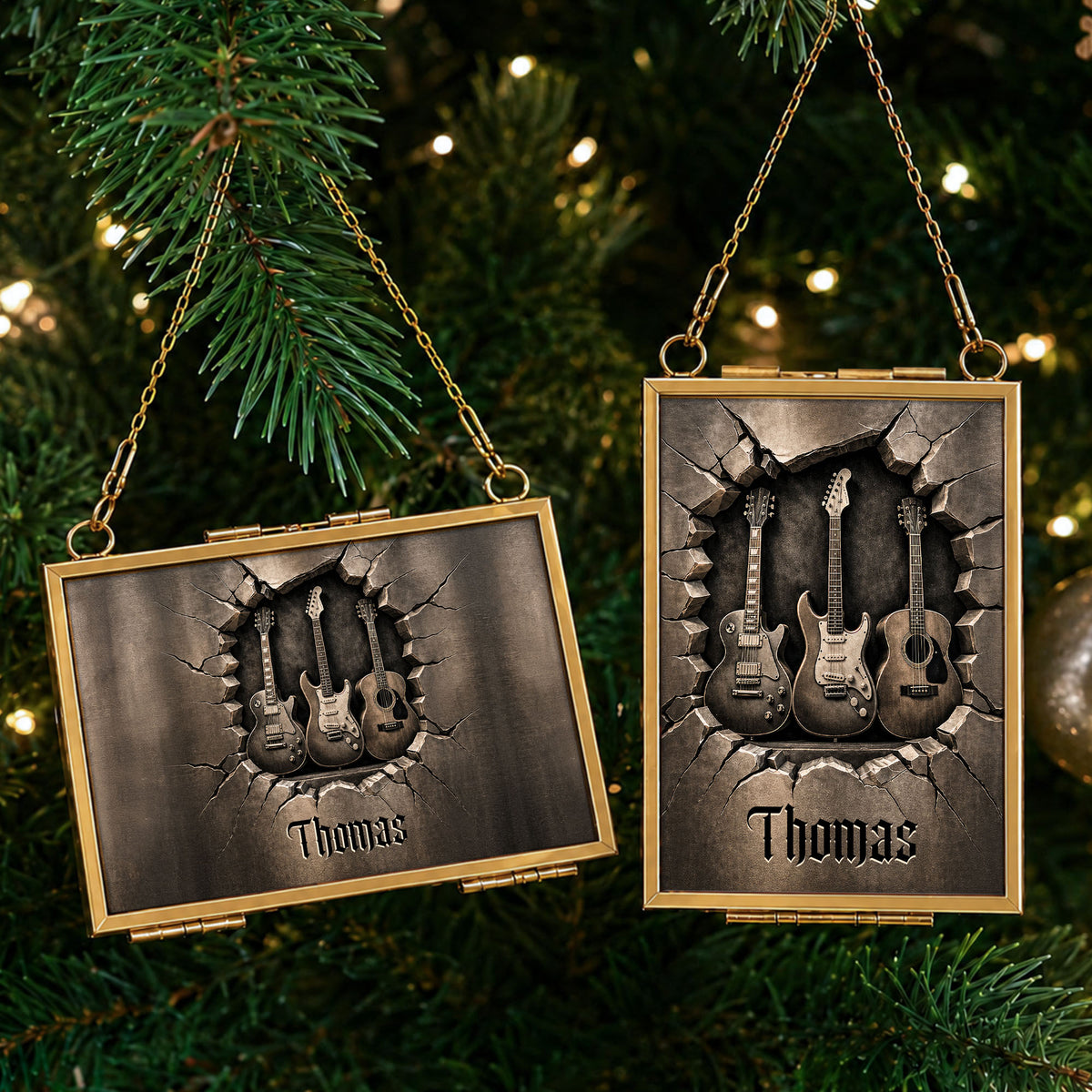 Rocking Through The Holidays Guitars With 3D Effect Cracked Wall - Personalized Metal Frame Ornament - MUSIC097_GOFRO