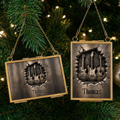 Rocking Through The Holidays Guitars With 3D Effect Cracked Wall - Personalized Metal Frame Ornament - MUSIC097_GOFRO