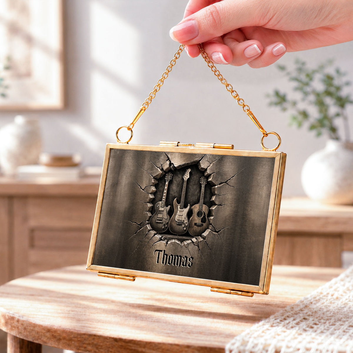 Rocking Through The Holidays Guitars With 3D Effect Cracked Wall - Personalized Metal Frame Ornament - MUSIC097_GOFRO