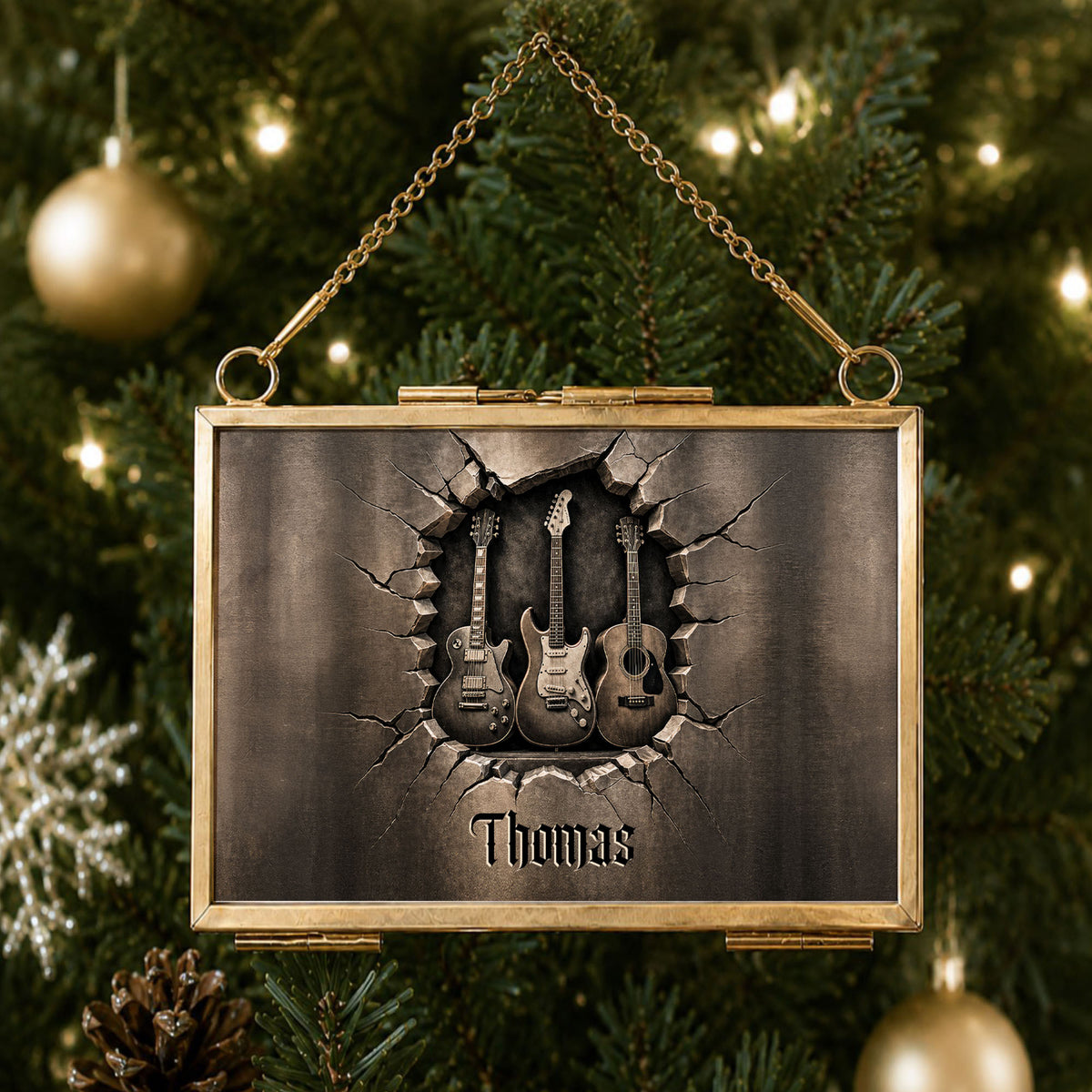 Rocking Through The Holidays Guitars With 3D Effect Cracked Wall - Personalized Metal Frame Ornament - MUSIC097_GOFRO
