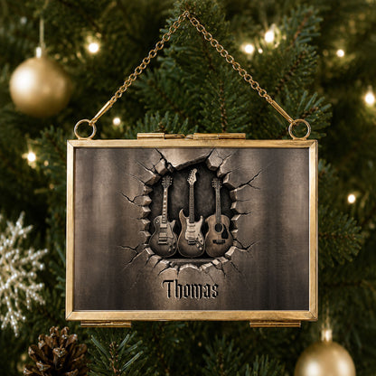 Rocking Through The Holidays Guitars With 3D Effect Cracked Wall - Personalized Metal Frame Ornament - MUSIC097_GOFRO