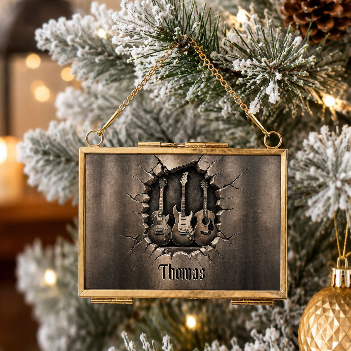 Rocking Through The Holidays Guitars With 3D Effect Cracked Wall - Personalized Metal Frame Ornament - MUSIC097_GOFRO