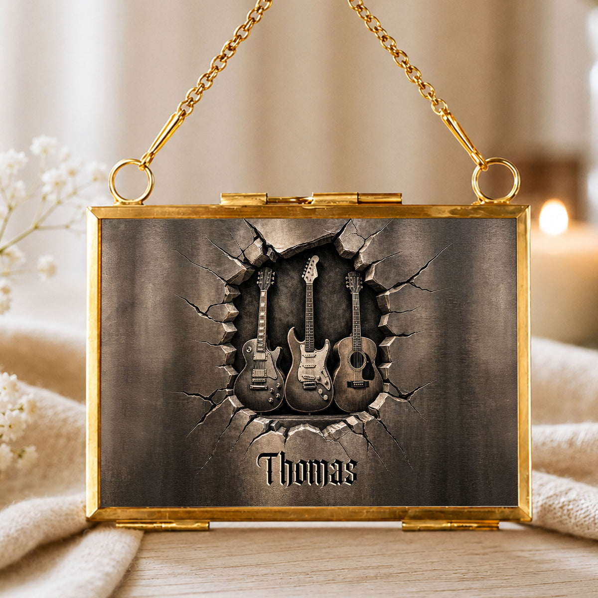 Rocking Through The Holidays Guitars With 3D Effect Cracked Wall - Personalized Metal Frame Ornament - MUSIC097_GOFRO
