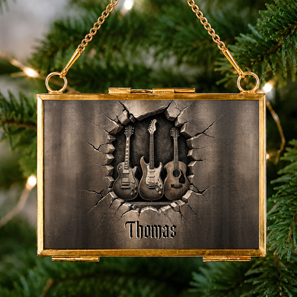 Rocking Through The Holidays Guitars With 3D Effect Cracked Wall - Personalized Metal Frame Ornament - MUSIC097_GOFRO