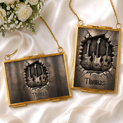 Rocking Through The Holidays Guitars With 3D Effect Cracked Wall - Personalized Metal Frame Ornament - MUSIC097_GOFRO
