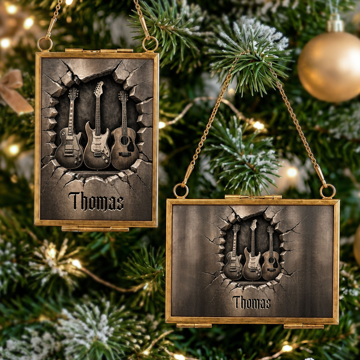 Rocking Through The Holidays Guitars With 3D Effect Cracked Wall - Personalized Metal Frame Ornament - MUSIC097_GOFRO
