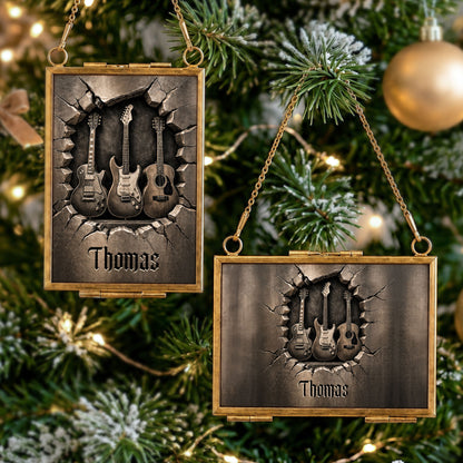 Rocking Through The Holidays Guitars With 3D Effect Cracked Wall - Personalized Metal Frame Ornament - MUSIC097_GOFRO