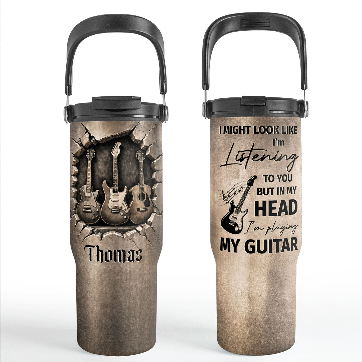 Rock On With These Iconic Guitars Through The Wall - Personalized 30oz Tumbler With Handle - MUSIC166_TBH