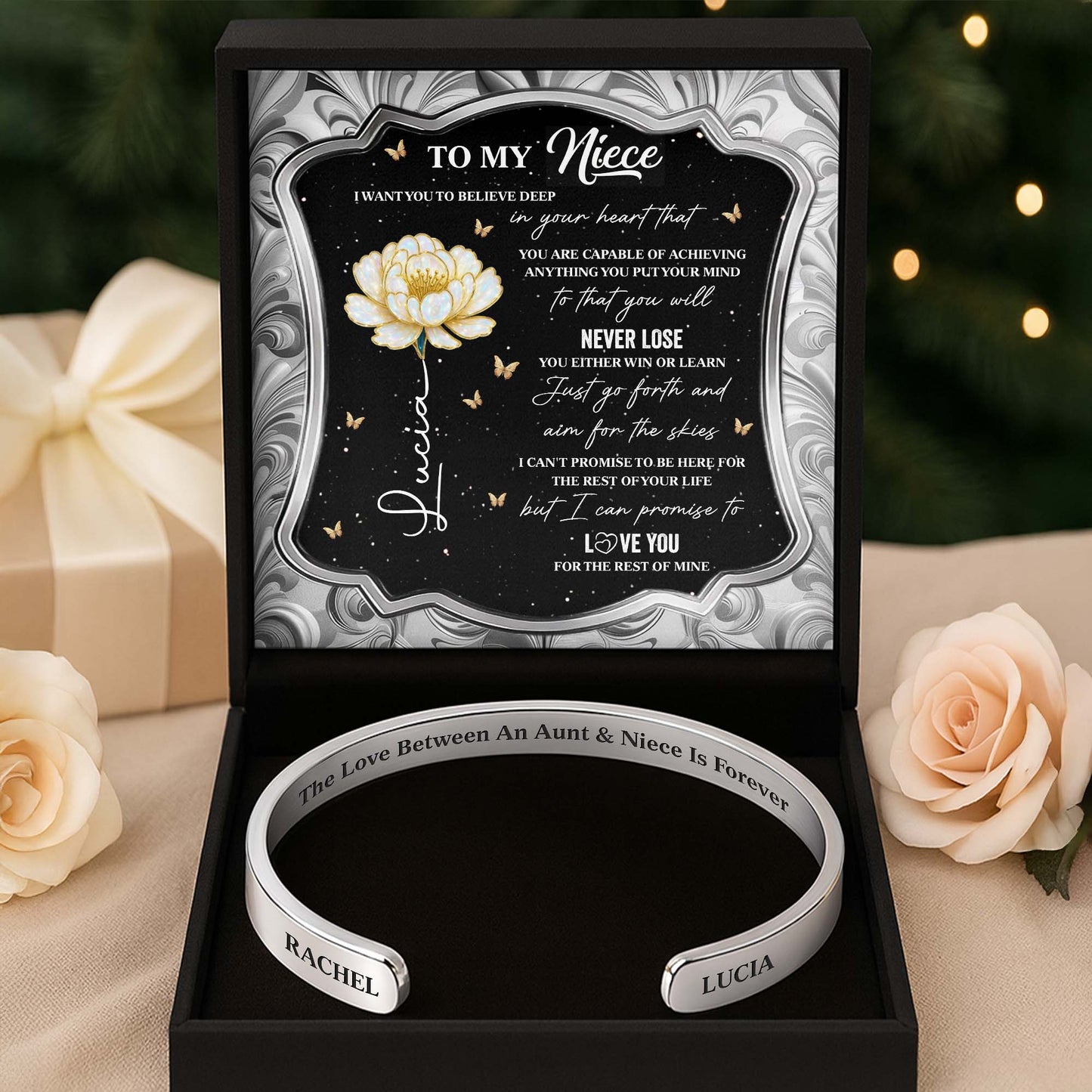 To My Niece, The Love Between An Aunt & Niece, Flower - Personalized Bracelet Cuff With Custom Message Card - NCE002_CUFB
