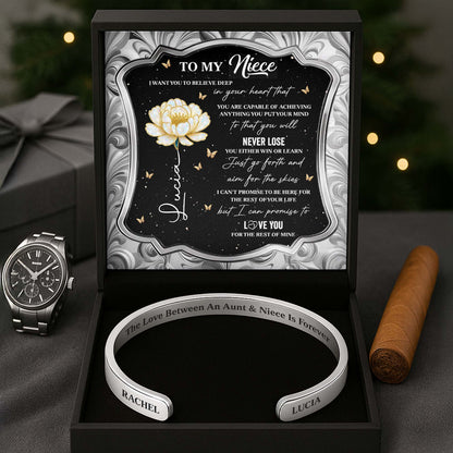 To My Niece, The Love Between An Aunt & Niece, Flower - Personalized Bracelet Cuff With Custom Message Card - NCE002_CUFB