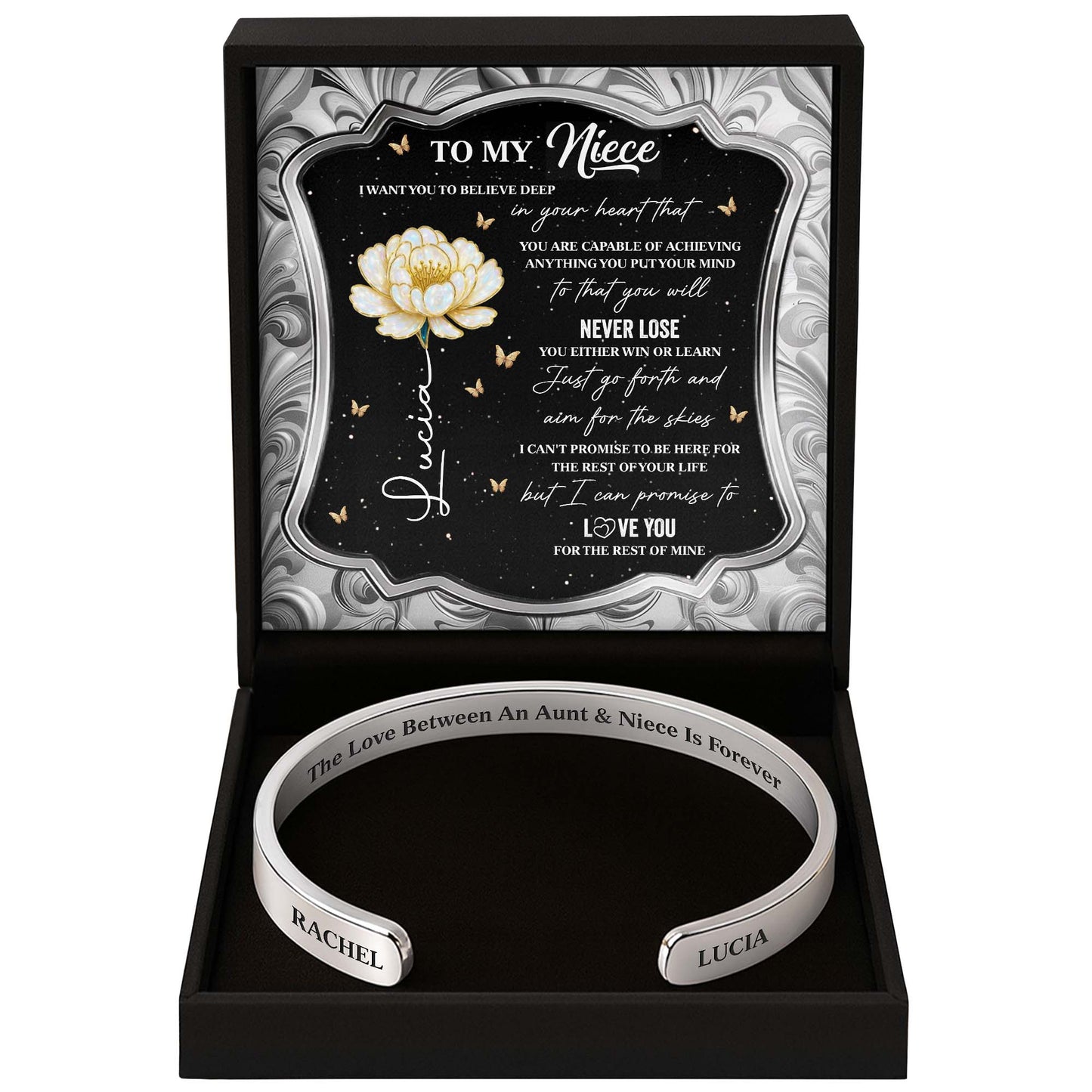 To My Niece, The Love Between An Aunt & Niece, Flower - Personalized Bracelet Cuff With Custom Message Card - NCE002_CUFB