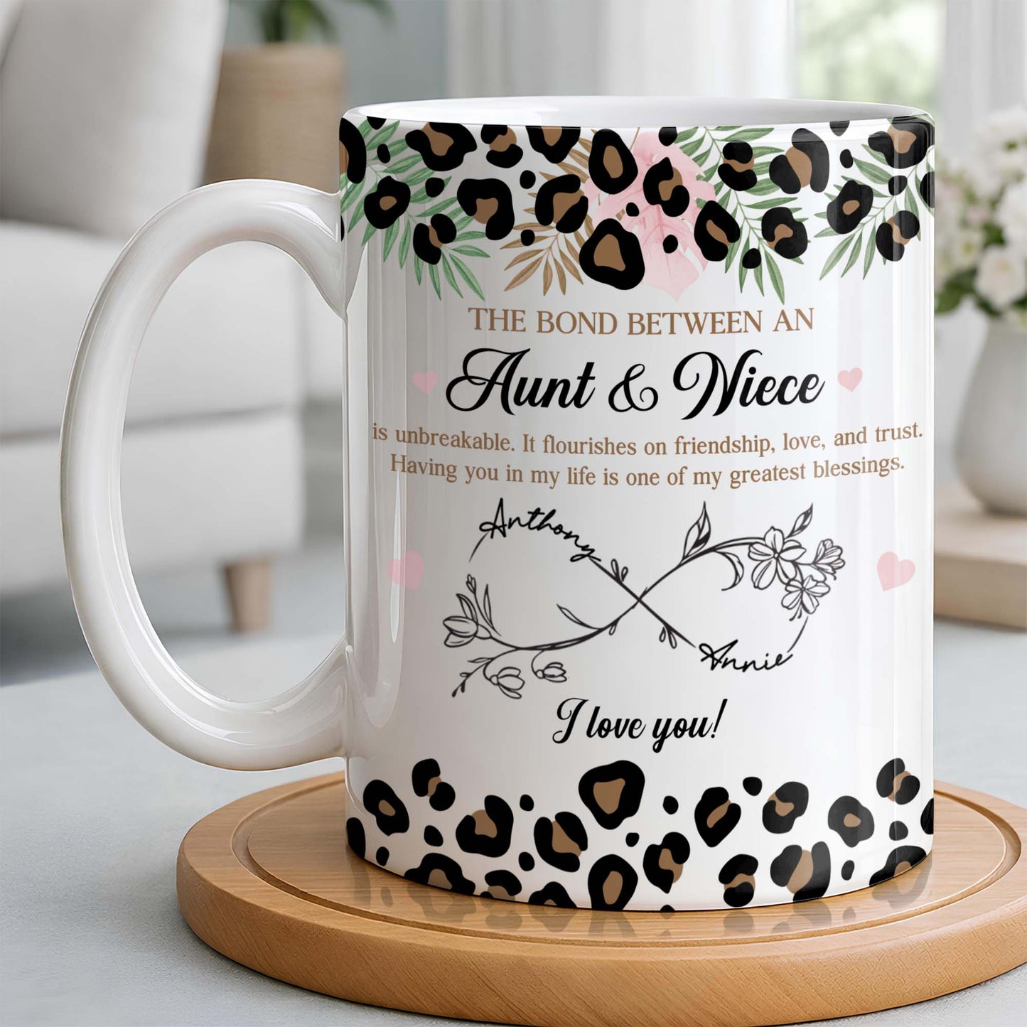 The Bond Between An Aunt & Niece, Leopard Print And Hearts - Personalized Custom Coffee Mug - NCE014_MG