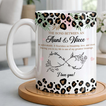 The Bond Between An Aunt & Niece, Leopard Print And Hearts - Personalized Custom Coffee Mug - NCE014_MG