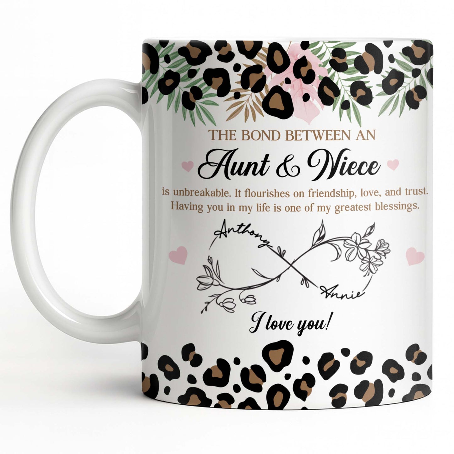 The Bond Between An Aunt & Niece, Leopard Print And Hearts - Personalized Custom Coffee Mug - NCE014_MG