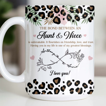 The Bond Between An Aunt & Niece, Leopard Print And Hearts - Personalized Custom Coffee Mug - NCE014_MG