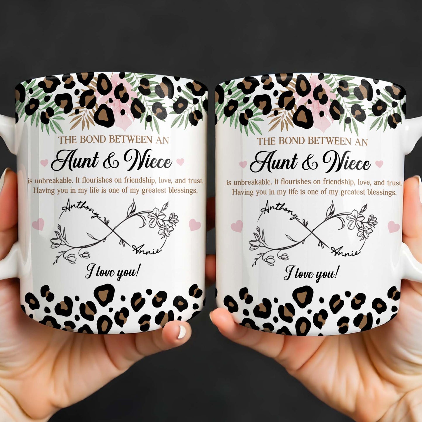 The Bond Between An Aunt & Niece, Leopard Print And Hearts - Personalized Custom Coffee Mug - NCE014_MG