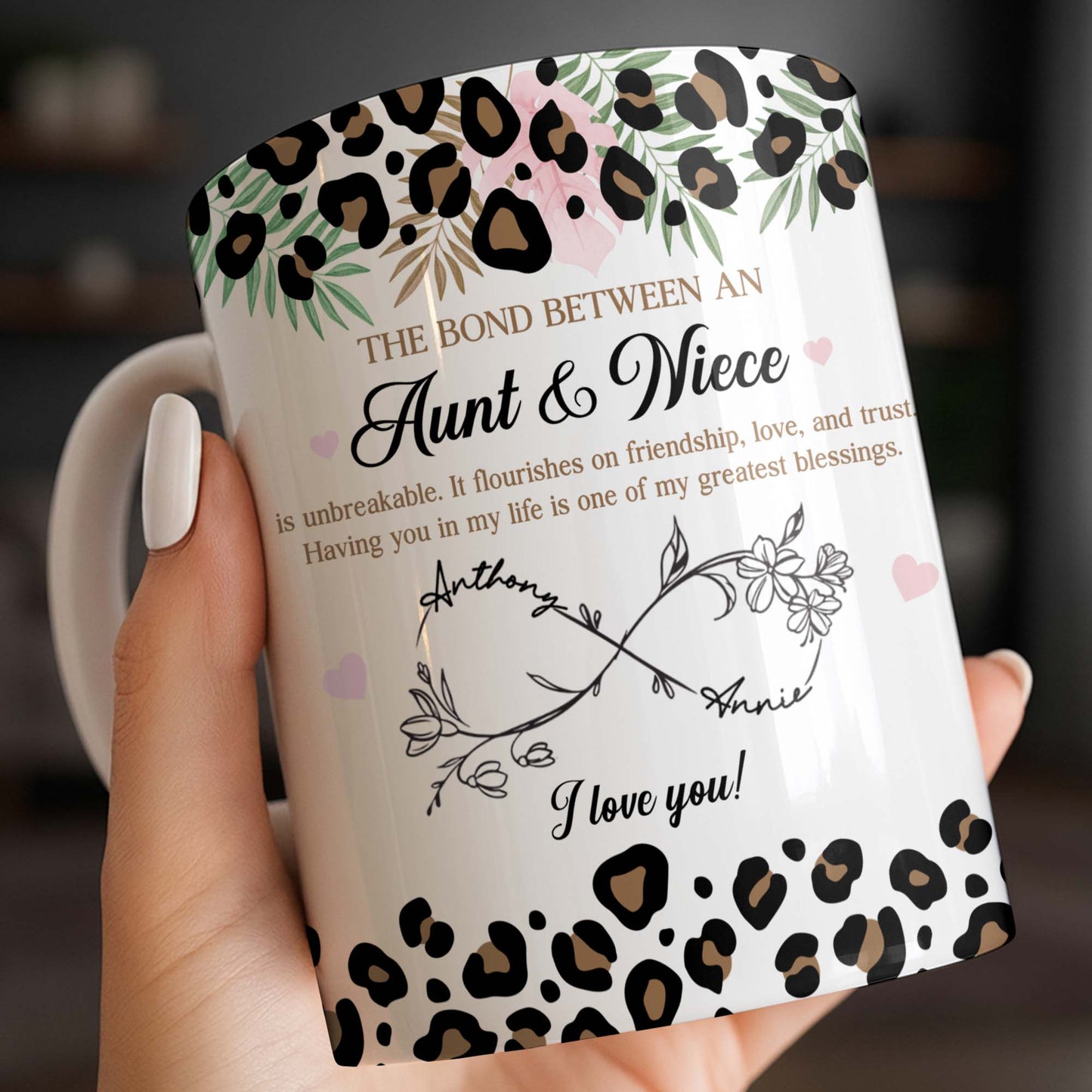 The Bond Between An Aunt & Niece, Leopard Print And Hearts - Personalized Custom Coffee Mug - NCE014_MG