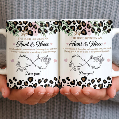 The Bond Between An Aunt & Niece, Leopard Print And Hearts - Personalized Custom Coffee Mug - NCE014_MG