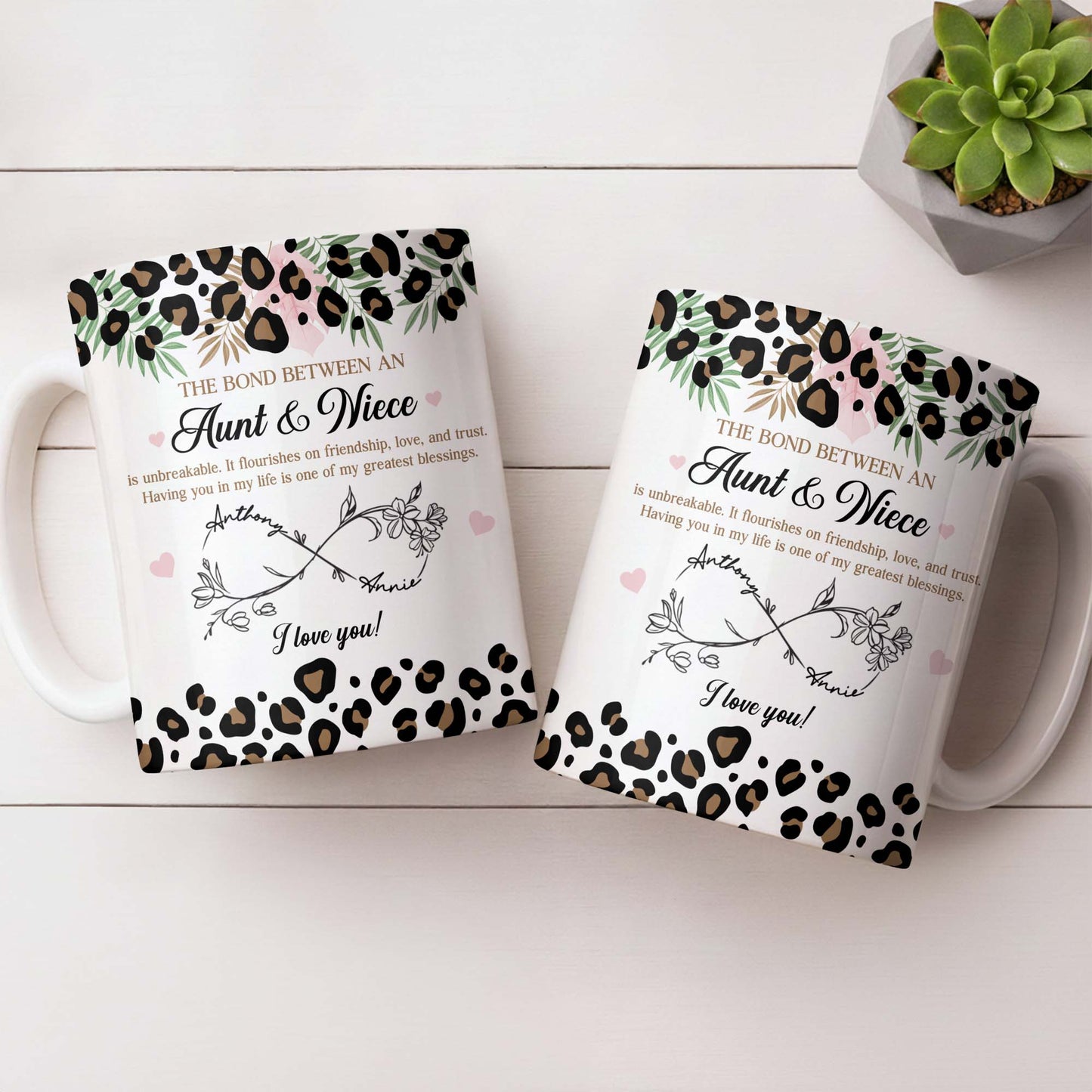 The Bond Between An Aunt & Niece, Leopard Print And Hearts - Personalized Custom Coffee Mug - NCE014_MG