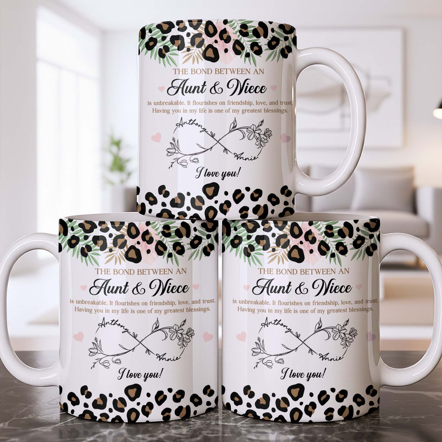 The Bond Between An Aunt & Niece, Leopard Print And Hearts - Personalized Custom Coffee Mug - NCE014_MG