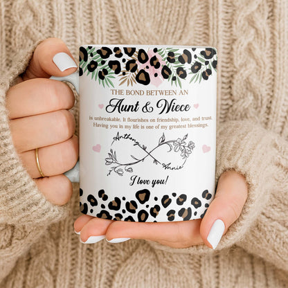 The Bond Between An Aunt & Niece, Leopard Print And Hearts - Personalized Custom Coffee Mug - NCE014_MG