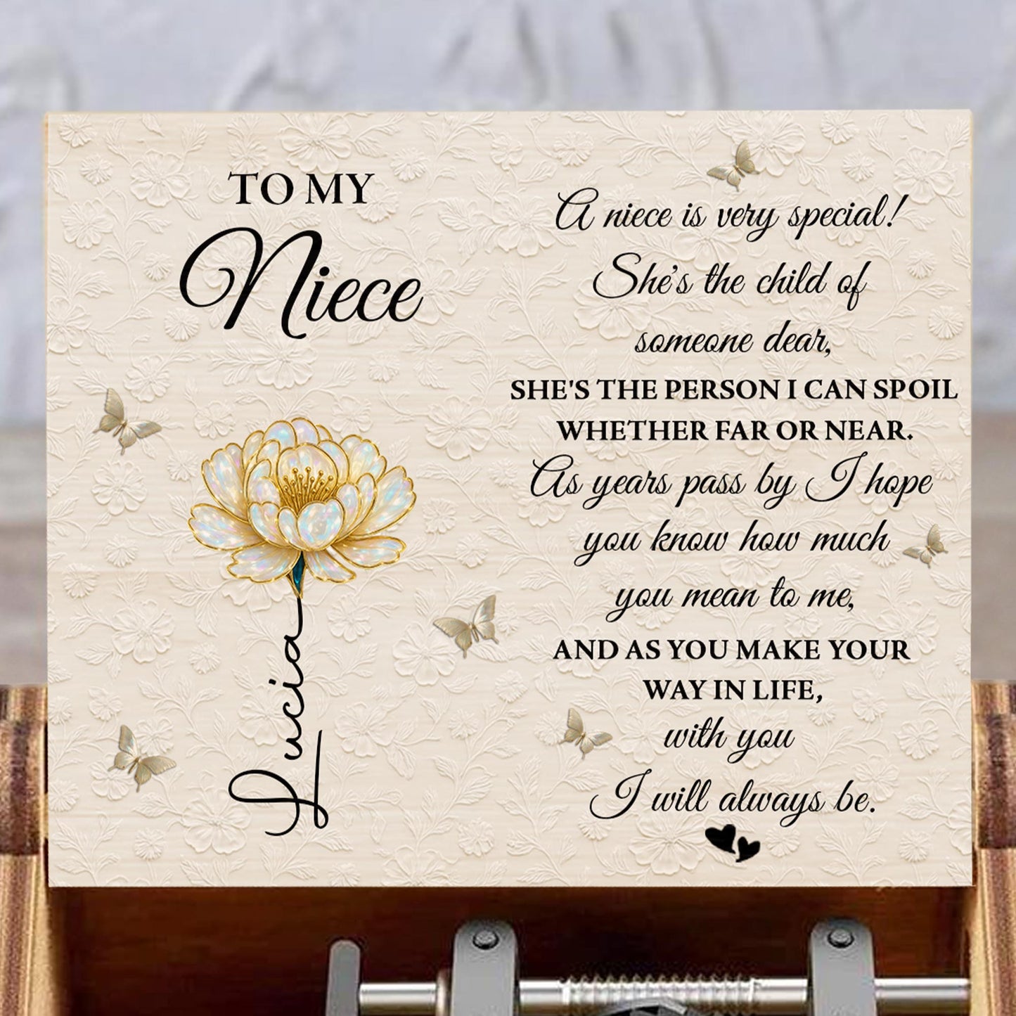 To My Niece, Flower And Butterflies Music Box - Custom Music Box With "You Are My Sunshine" Tune - NCE015_MZB