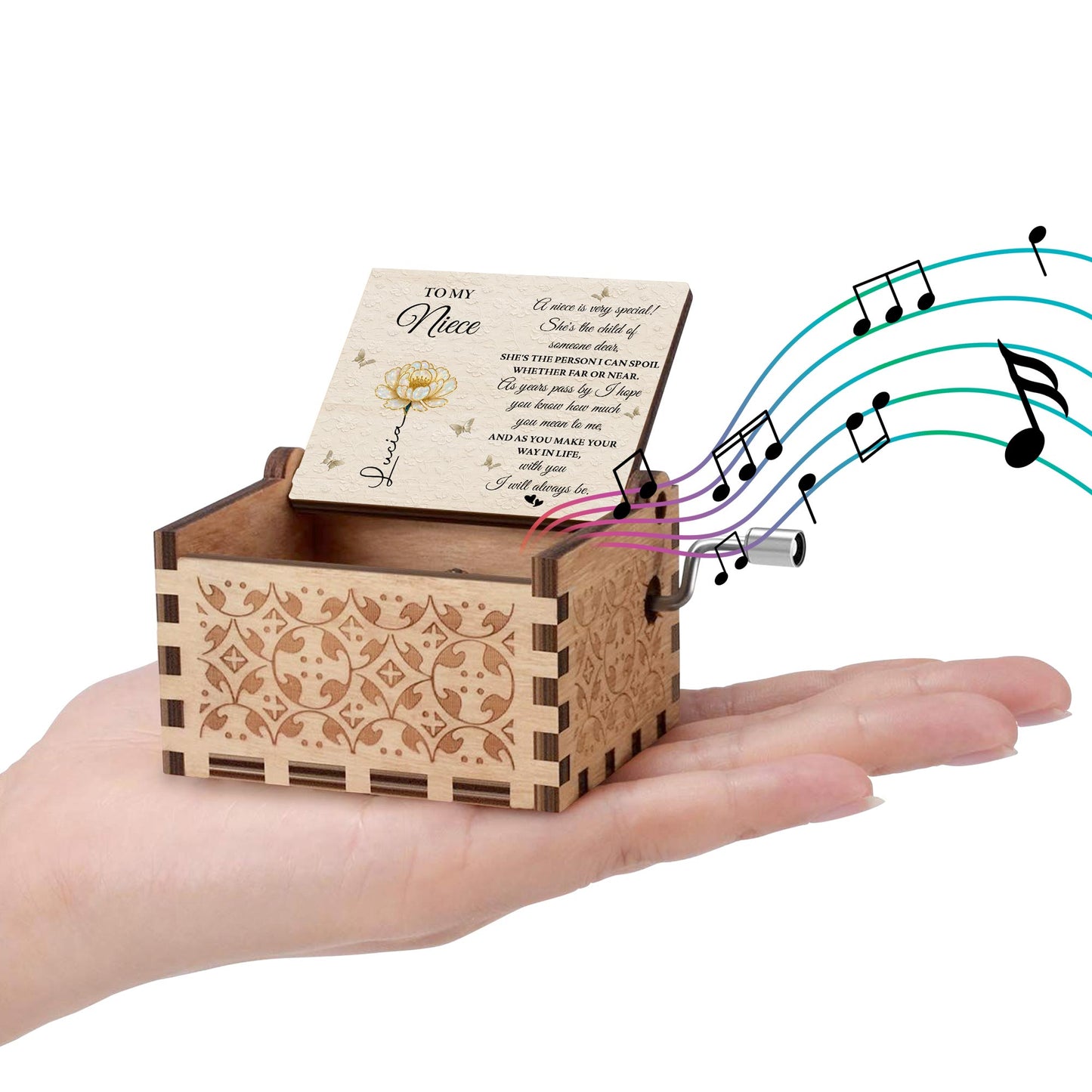 To My Niece, Flower And Butterflies Music Box - Custom Music Box With "You Are My Sunshine" Tune - NCE015_MZB