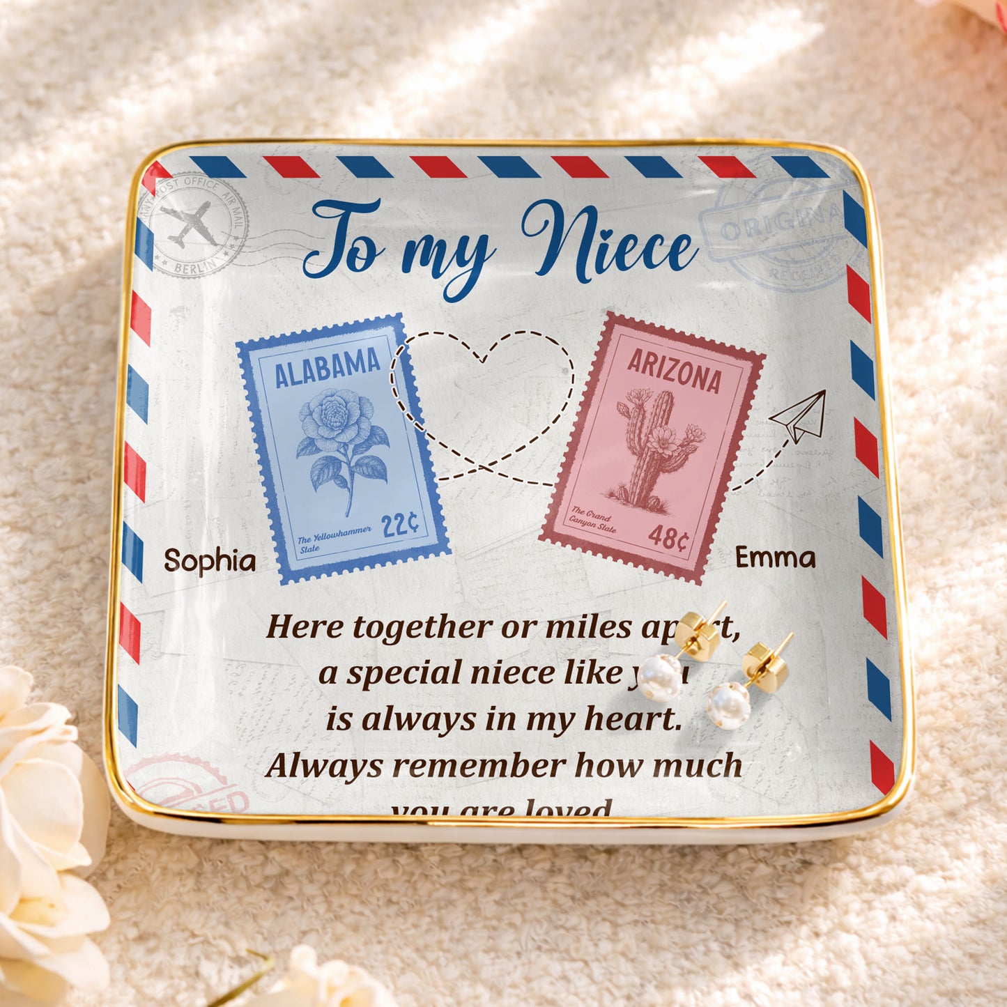 To My Niece, Postal Stamps And Hearts Design
