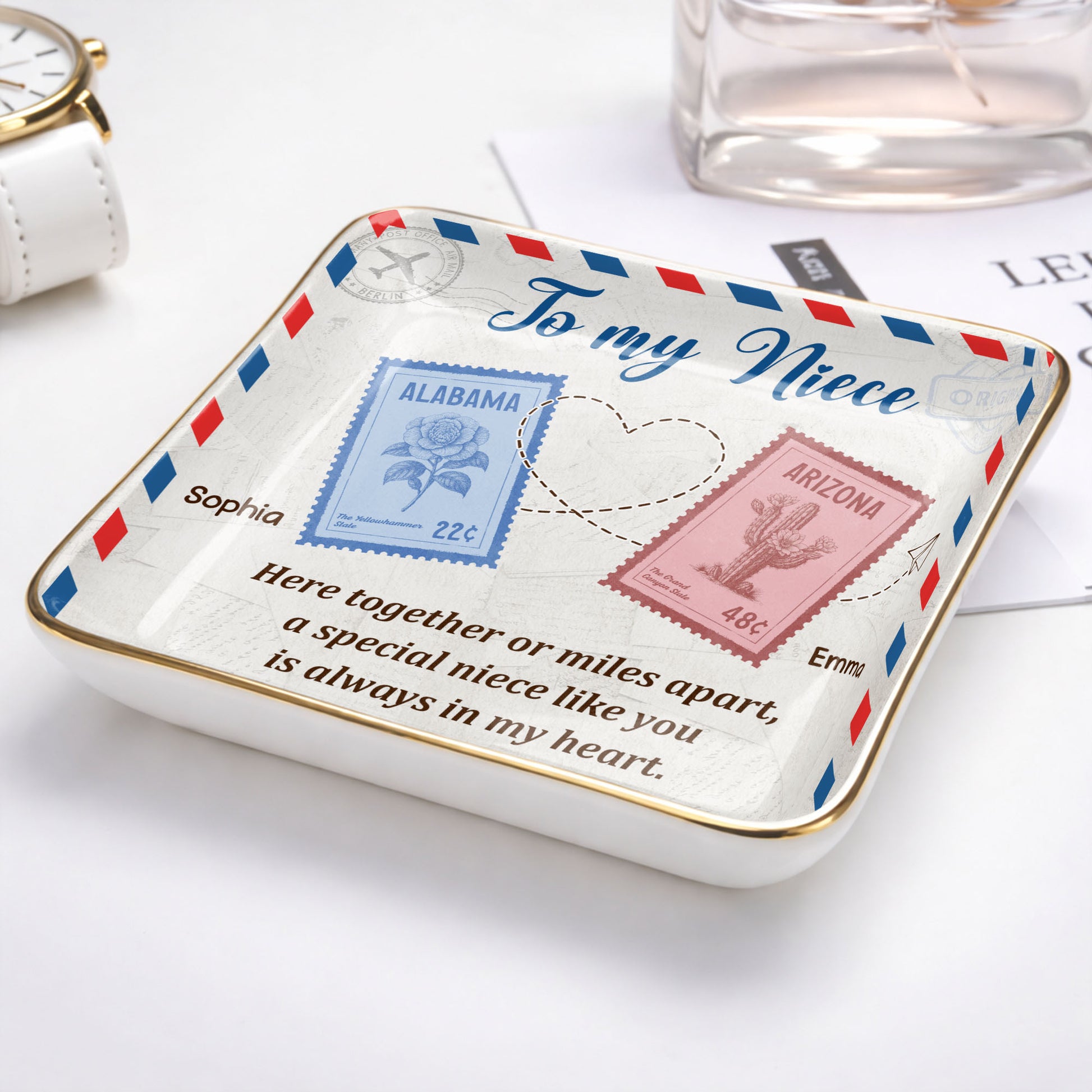 To My Niece, Postal Stamps And Hearts Design