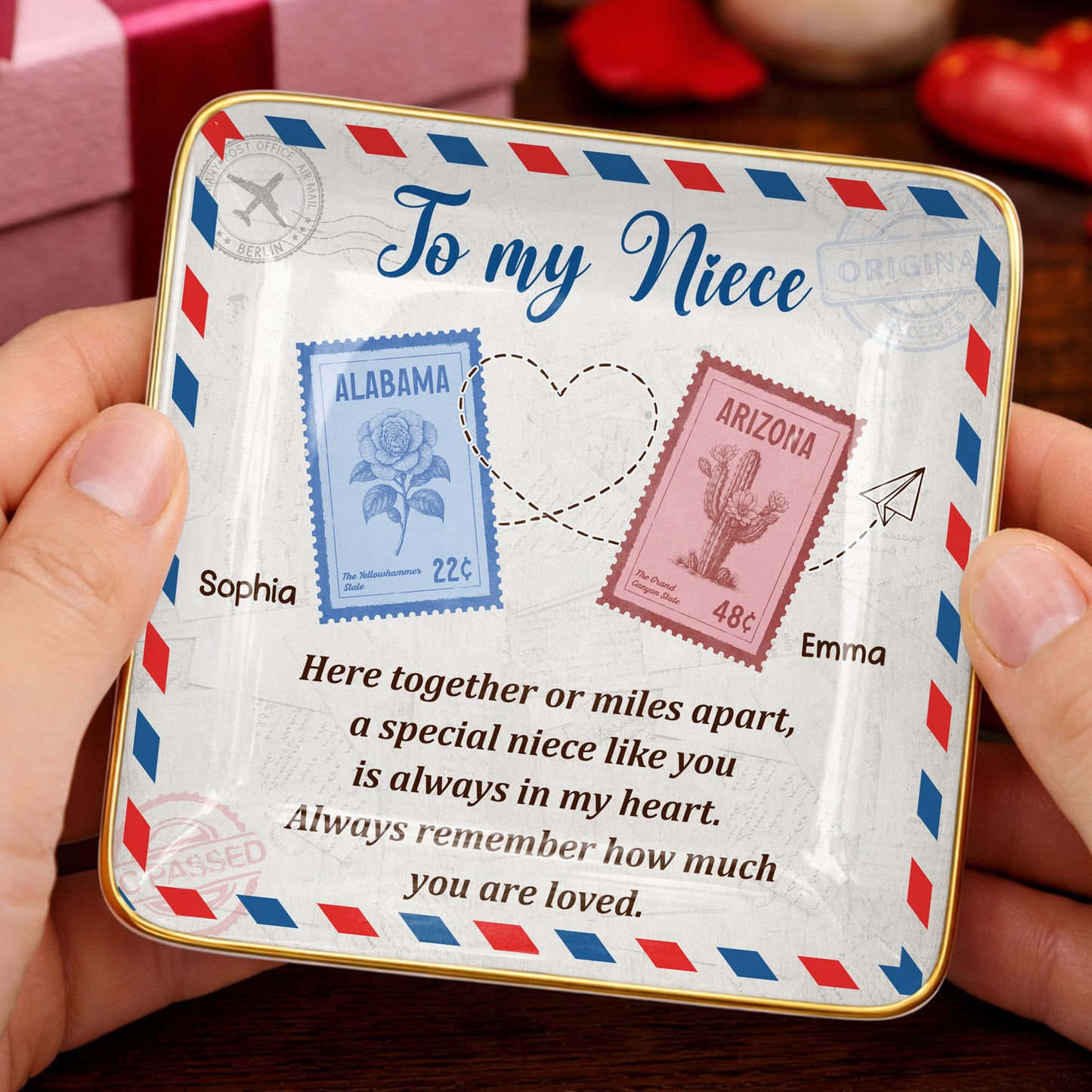 To My Niece, Postal Stamps And Hearts Design