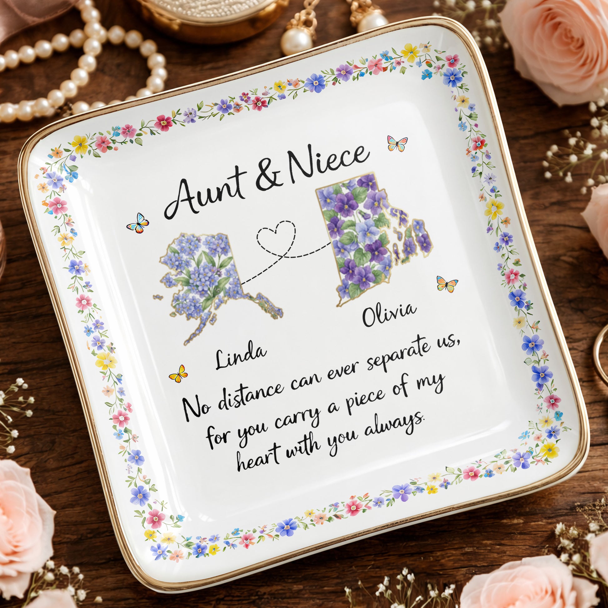 Aunt & Niece No Distance Can Ever Separate Us Floral State Map