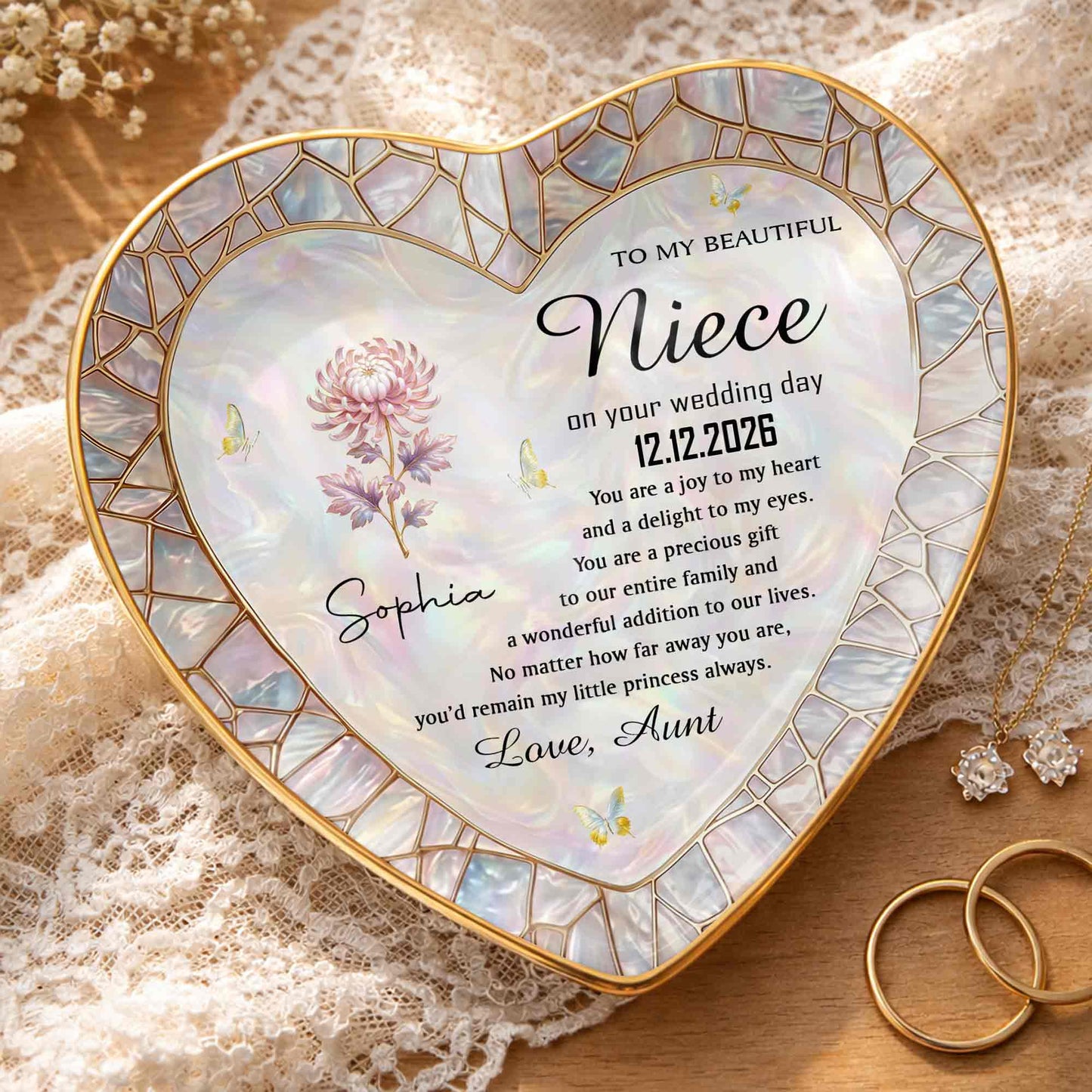 To My Beautiful Niece On Your Wedding Day Flower Heart Jewelry Dish - Personalized Custom Jewelry Dish, Ceramic Dish, Heart Shape - NCE075_HCRF