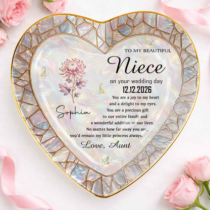 To My Beautiful Niece On Your Wedding Day Flower Heart Jewelry Dish - Personalized Custom Jewelry Dish, Ceramic Dish, Heart Shape - NCE075_HCRF