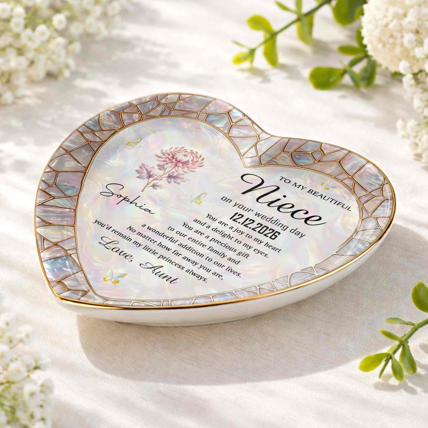 To My Beautiful Niece On Your Wedding Day Flower Heart Jewelry Dish - Personalized Custom Jewelry Dish, Ceramic Dish, Heart Shape - NCE075_HCRF