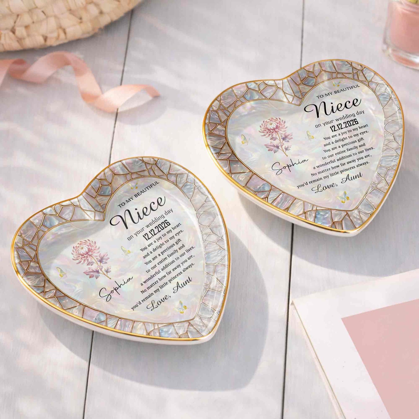 To My Beautiful Niece On Your Wedding Day Flower Heart Jewelry Dish - Personalized Custom Jewelry Dish, Ceramic Dish, Heart Shape - NCE075_HCRF