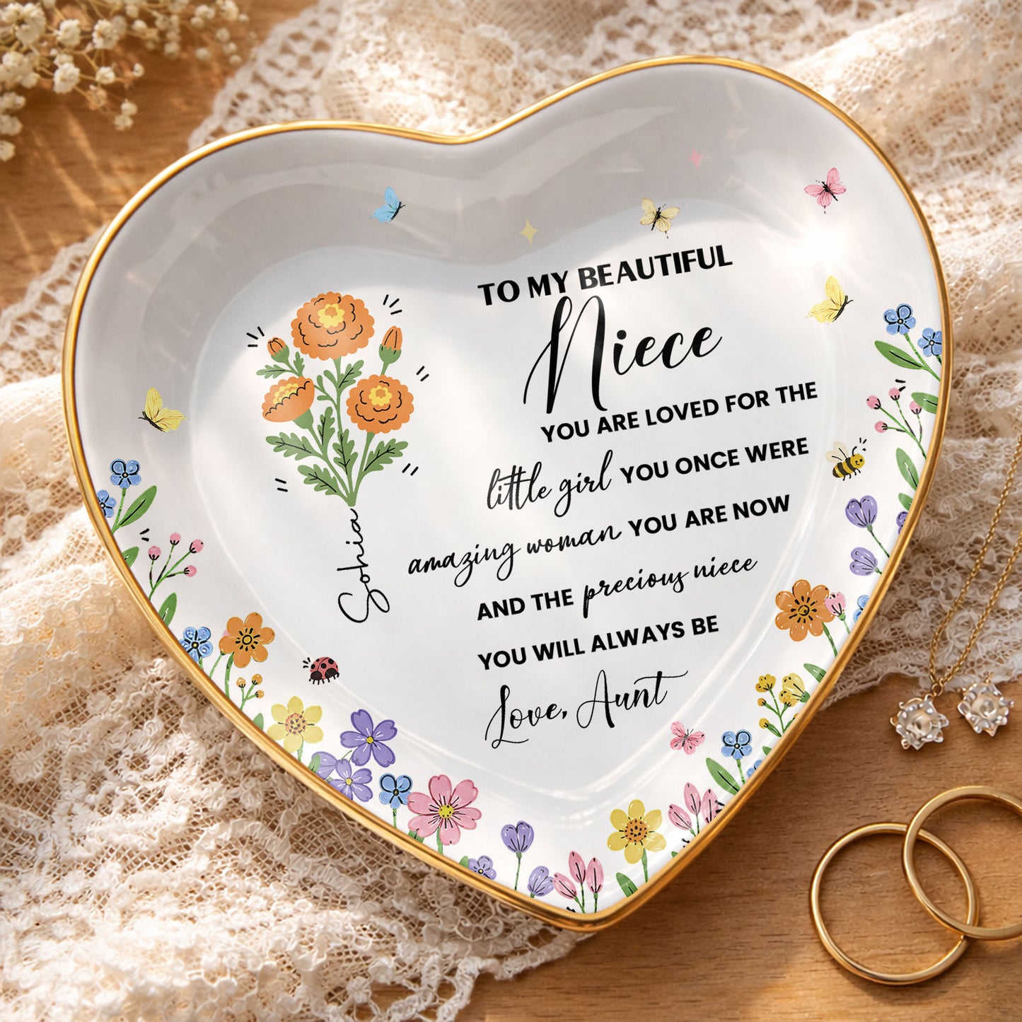 To My Beautiful Niece Birth Month Flowers And Butterflies Jewelry Holder - Personalized Custom Jewelry Dish, Ceramic Dish, Heart Shape - NCE088_HCRF