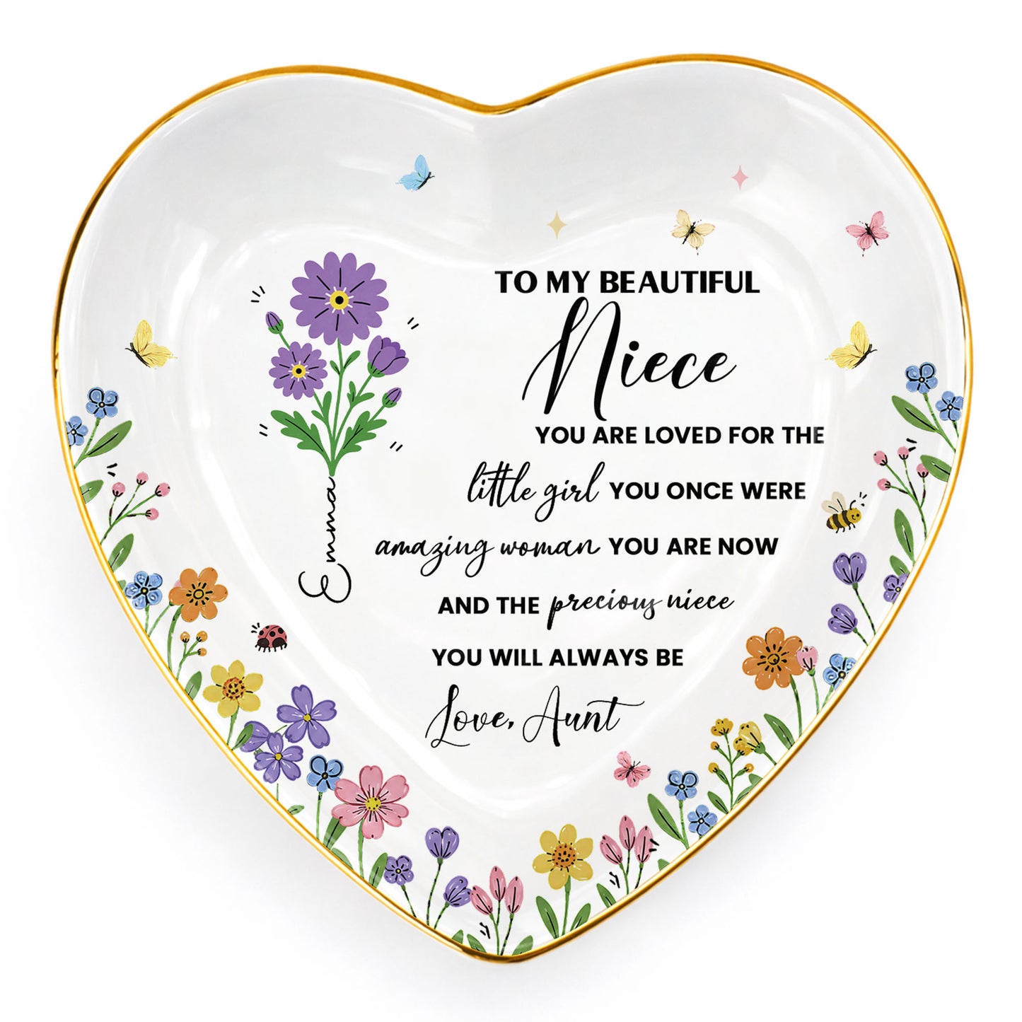 To My Beautiful Niece Birth Month Flowers And Butterflies Jewelry Holder - Personalized Custom Jewelry Dish, Ceramic Dish, Heart Shape - NCE088_HCRF