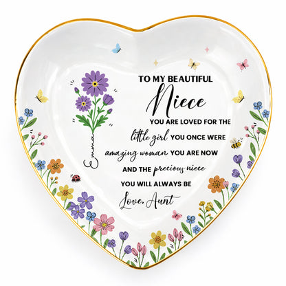 To My Beautiful Niece Birth Month Flowers And Butterflies Jewelry Holder - Personalized Custom Jewelry Dish, Ceramic Dish, Heart Shape - NCE088_HCRF