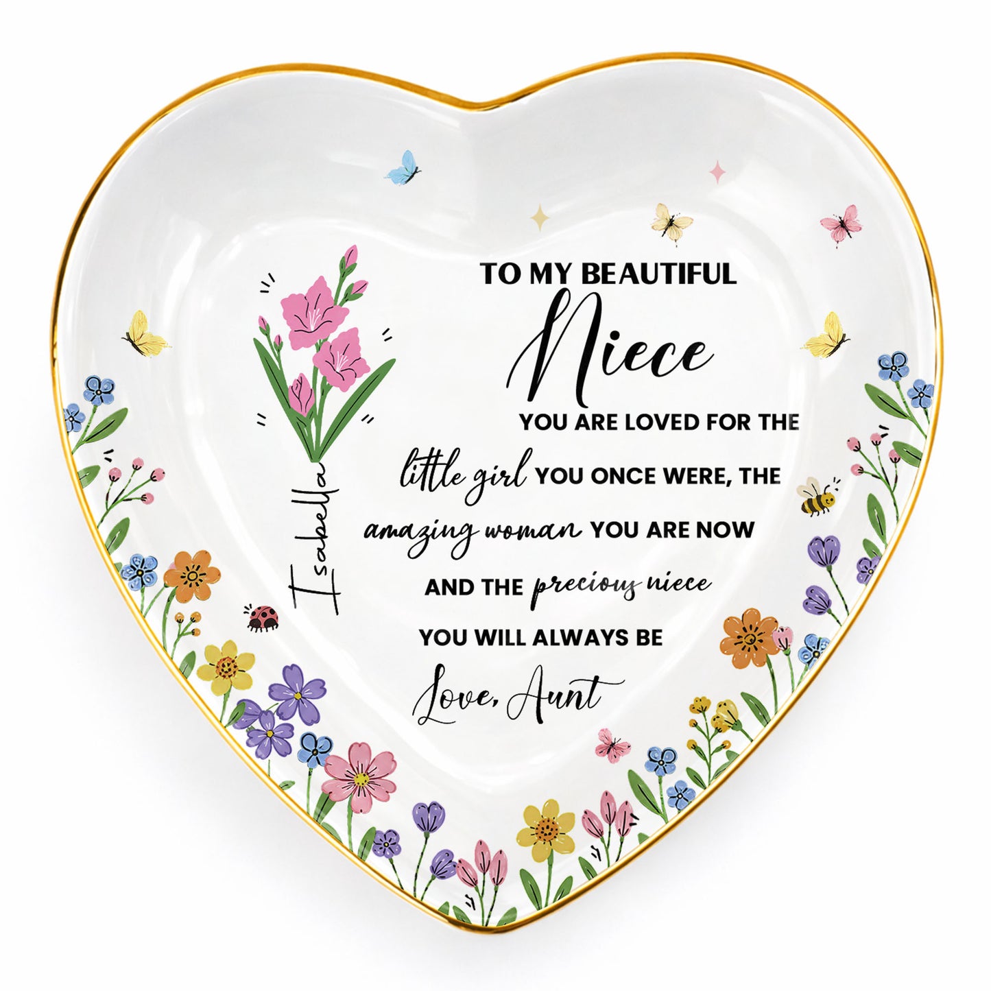 To My Beautiful Niece Birth Month Flowers And Butterflies Jewelry Holder - Personalized Custom Jewelry Dish, Ceramic Dish, Heart Shape - NCE088_HCRF