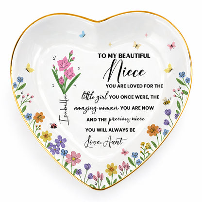 To My Beautiful Niece Birth Month Flowers And Butterflies Jewelry Holder - Personalized Custom Jewelry Dish, Ceramic Dish, Heart Shape - NCE088_HCRF
