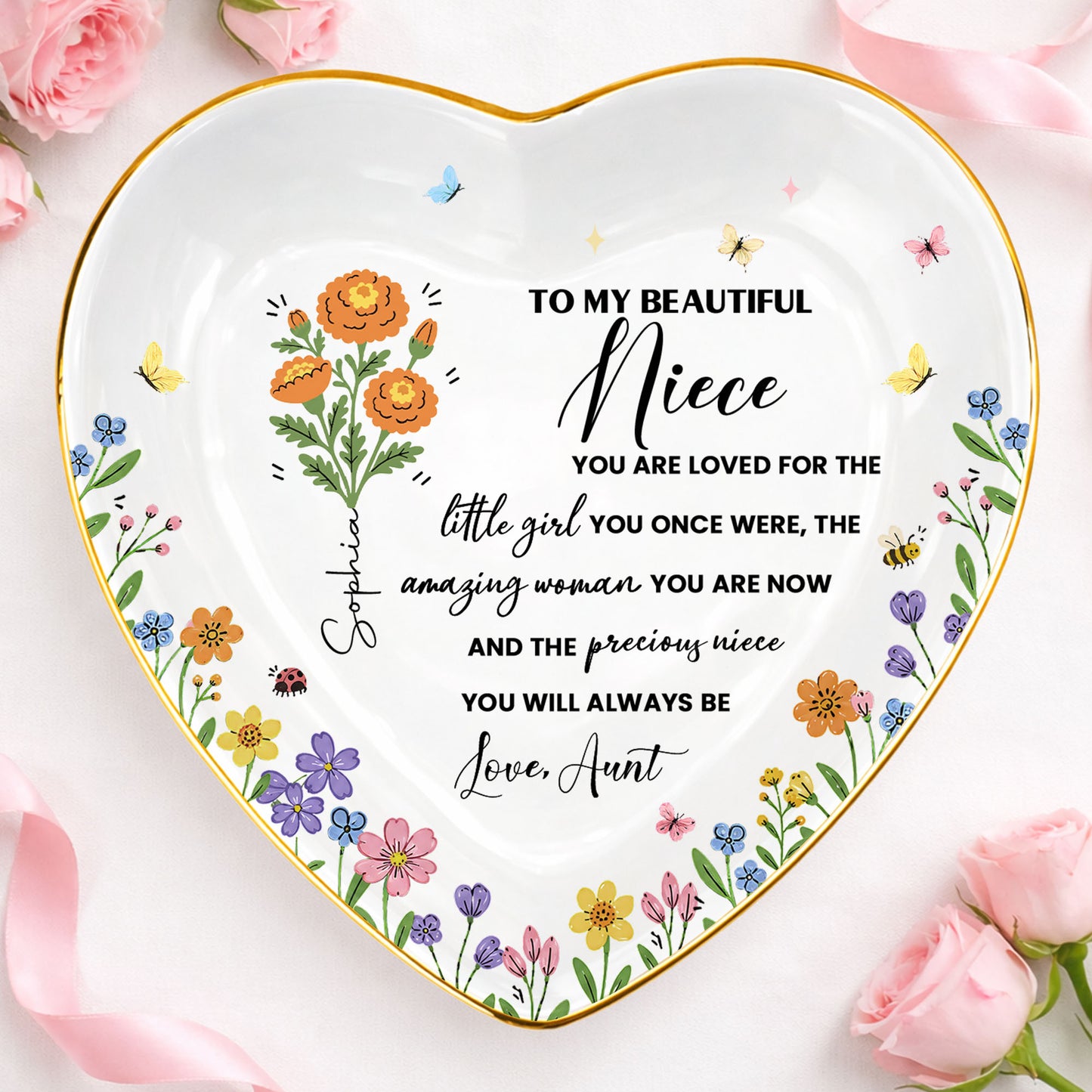 To My Beautiful Niece Birth Month Flowers And Butterflies Jewelry Holder - Personalized Custom Jewelry Dish, Ceramic Dish, Heart Shape - NCE088_HCRF