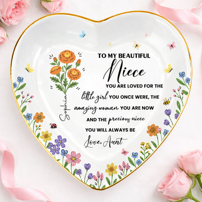 To My Beautiful Niece Birth Month Flowers And Butterflies Jewelry Holder - Personalized Custom Jewelry Dish, Ceramic Dish, Heart Shape - NCE088_HCRF