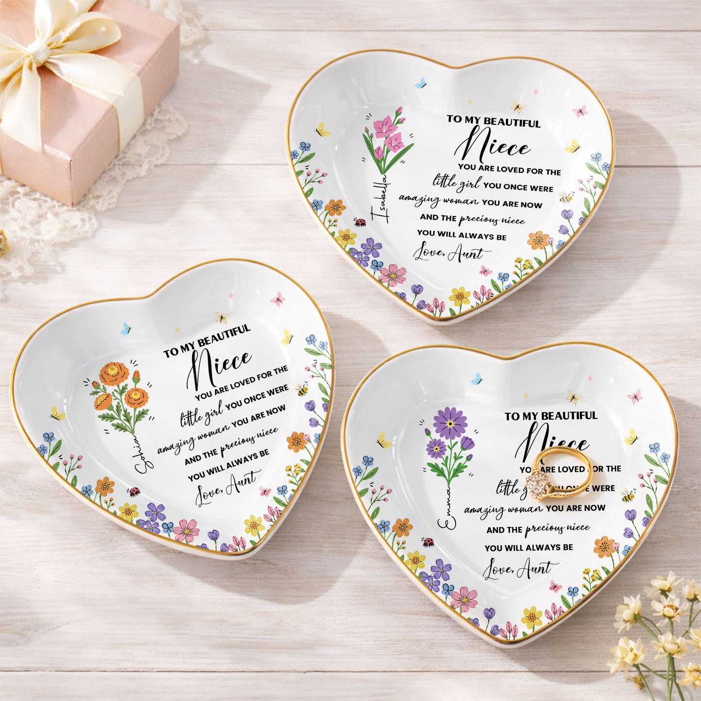 To My Beautiful Niece Birth Month Flowers And Butterflies Jewelry Holder - Personalized Custom Jewelry Dish, Ceramic Dish, Heart Shape - NCE088_HCRF