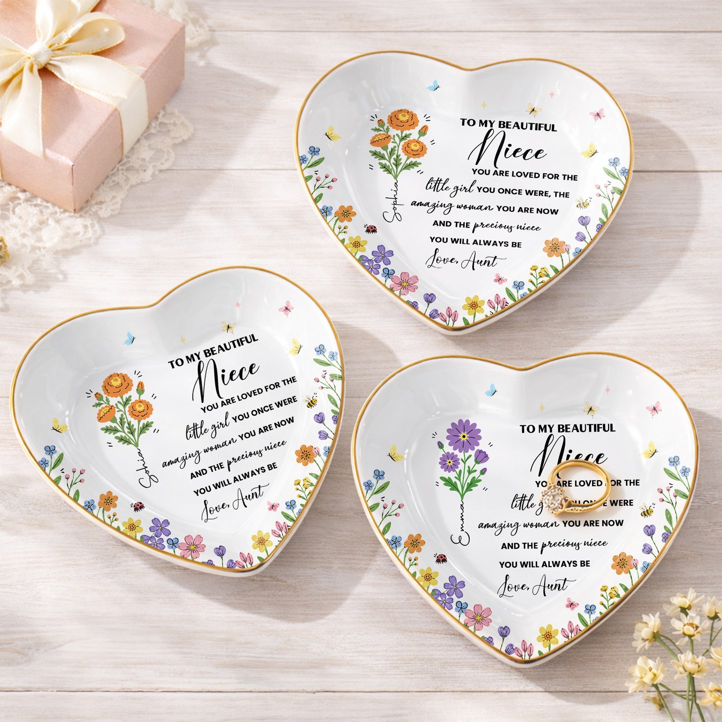 To My Beautiful Niece Birth Month Flowers And Butterflies Jewelry Holder - Personalized Custom Jewelry Dish, Ceramic Dish, Heart Shape - NCE088_HCRF