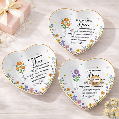To My Beautiful Niece Birth Month Flowers And Butterflies Jewelry Holder - Personalized Custom Jewelry Dish, Ceramic Dish, Heart Shape - NCE088_HCRF
