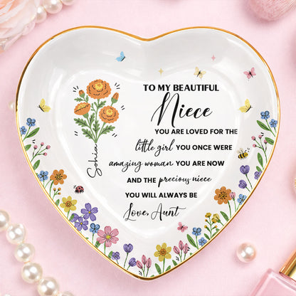 To My Beautiful Niece Birth Month Flowers And Butterflies Jewelry Holder - Personalized Custom Jewelry Dish, Ceramic Dish, Heart Shape - NCE088_HCRF