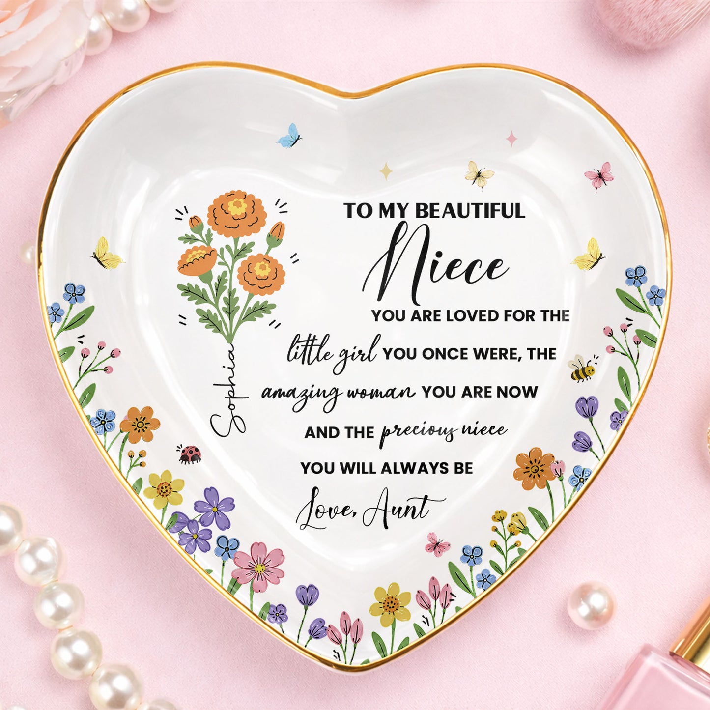 To My Beautiful Niece Birth Month Flowers And Butterflies Jewelry Holder - Personalized Custom Jewelry Dish, Ceramic Dish, Heart Shape - NCE088_HCRF