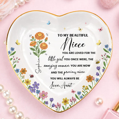 To My Beautiful Niece Birth Month Flowers And Butterflies Jewelry Holder - Personalized Custom Jewelry Dish, Ceramic Dish, Heart Shape - NCE088_HCRF
