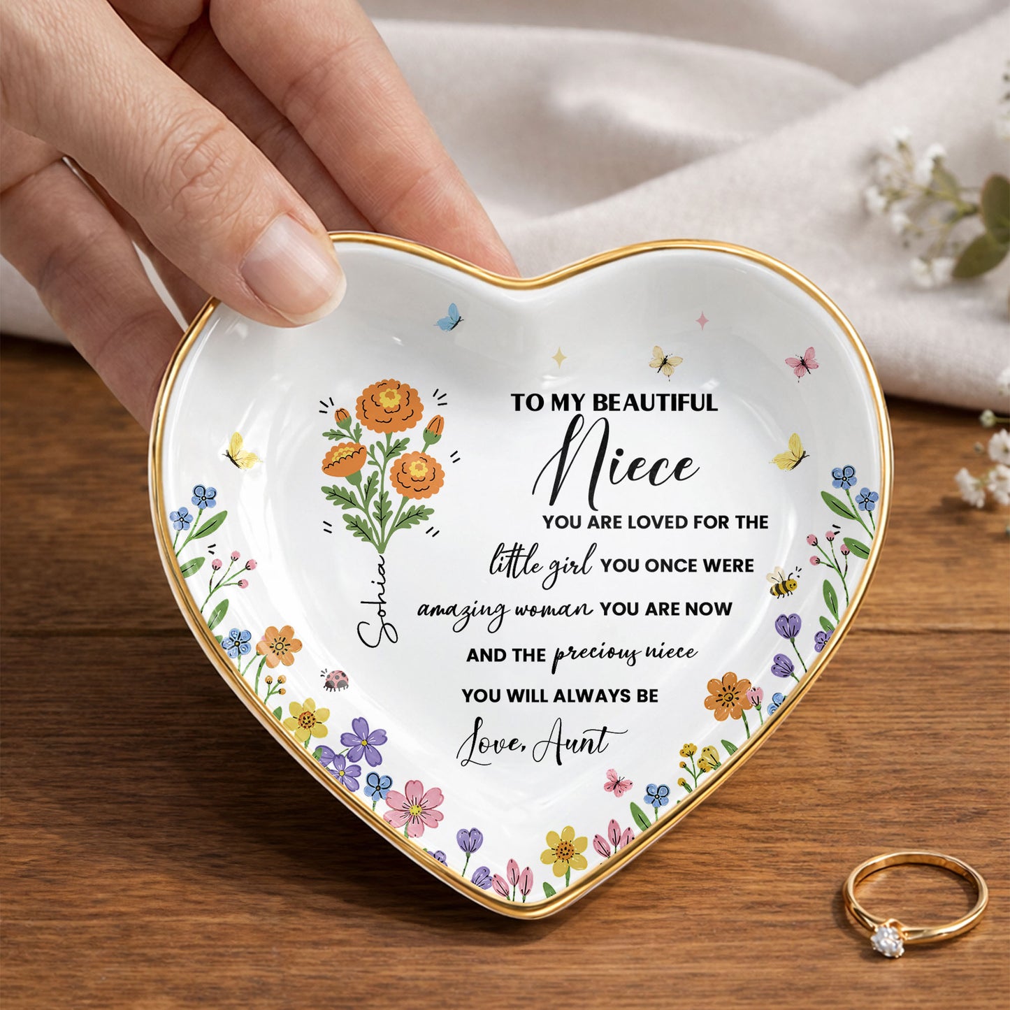 To My Beautiful Niece Birth Month Flowers And Butterflies Jewelry Holder - Personalized Custom Jewelry Dish, Ceramic Dish, Heart Shape - NCE088_HCRF