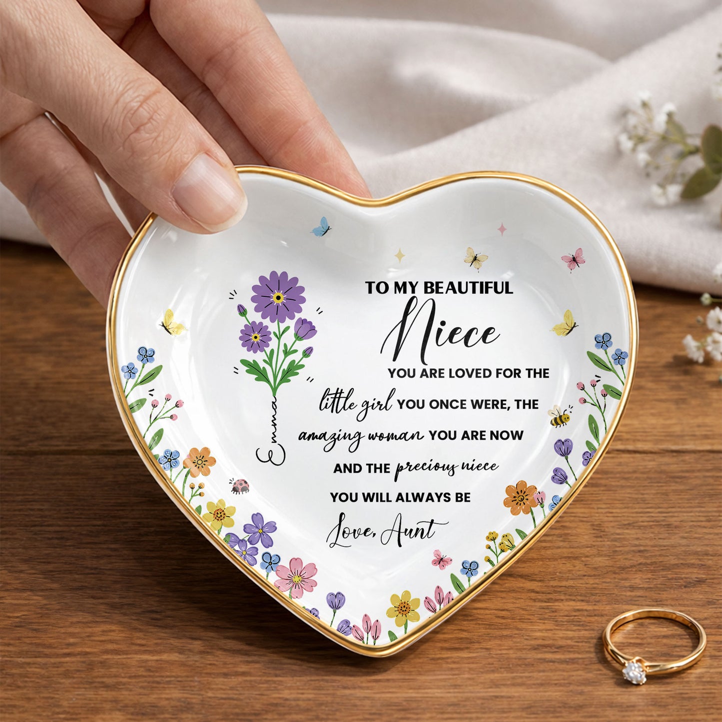 To My Beautiful Niece Birth Month Flowers And Butterflies Jewelry Holder - Personalized Custom Jewelry Dish, Ceramic Dish, Heart Shape - NCE088_HCRF